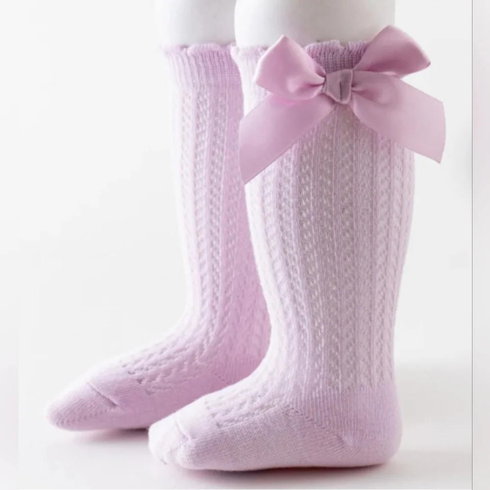 Baby Girl Purple Knit Knee High Socks Vintage Style Holiday Kids Bow Accessory